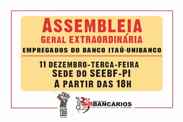 SEEBF-PI realiza Assembleia para empregados do Itaú no Piauí nesta terça (11/12)