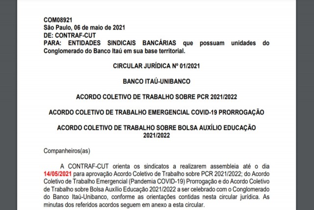 Circular jurídica orienta aprovação dos acordos coletivos com o Banco Itaú