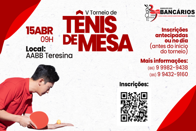 Inscrições abertas: V Torneio de Tênis de Mesa será realizado sábado (15/04)