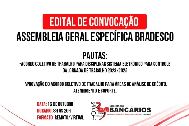 SEEBF-PI convoca Bancários do Bradesco para Assembleia Extraordinária Específica